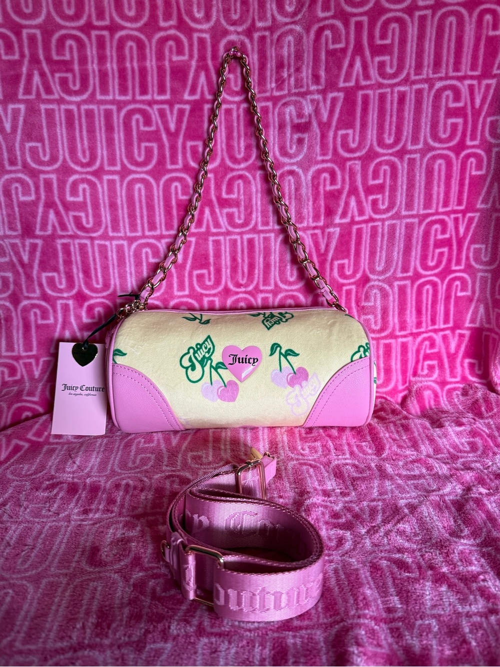 Beautiful Juicy Couture Yellow Iris Heritage Cherry Barrel Bag NWT